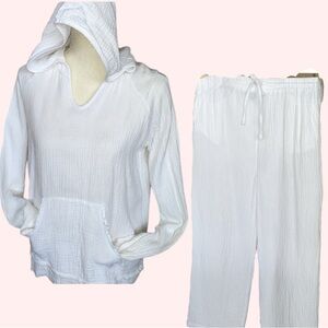 CHARLIE B White 2 Piece Set Gauzy Hoodie & Drawstring Waist Relaxed Pant Sz XS